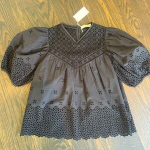 NEW WTA: Ulla Johnson Black Blouse with Puffed Sleeves and Eyelet Detail Size 00